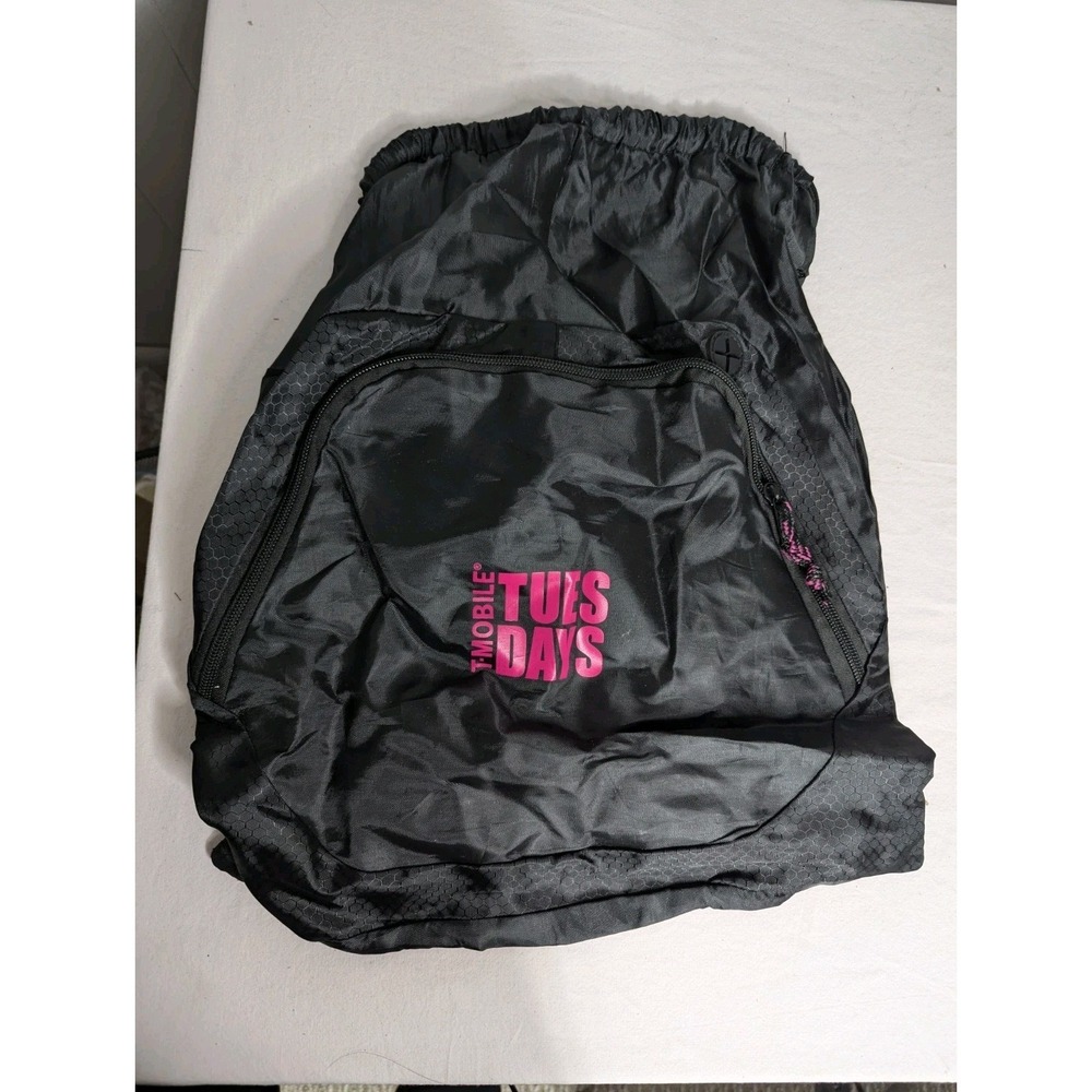 T‎ Mobile Tuesdays Black pink nylon drawstring backpack bag with zippered pocket